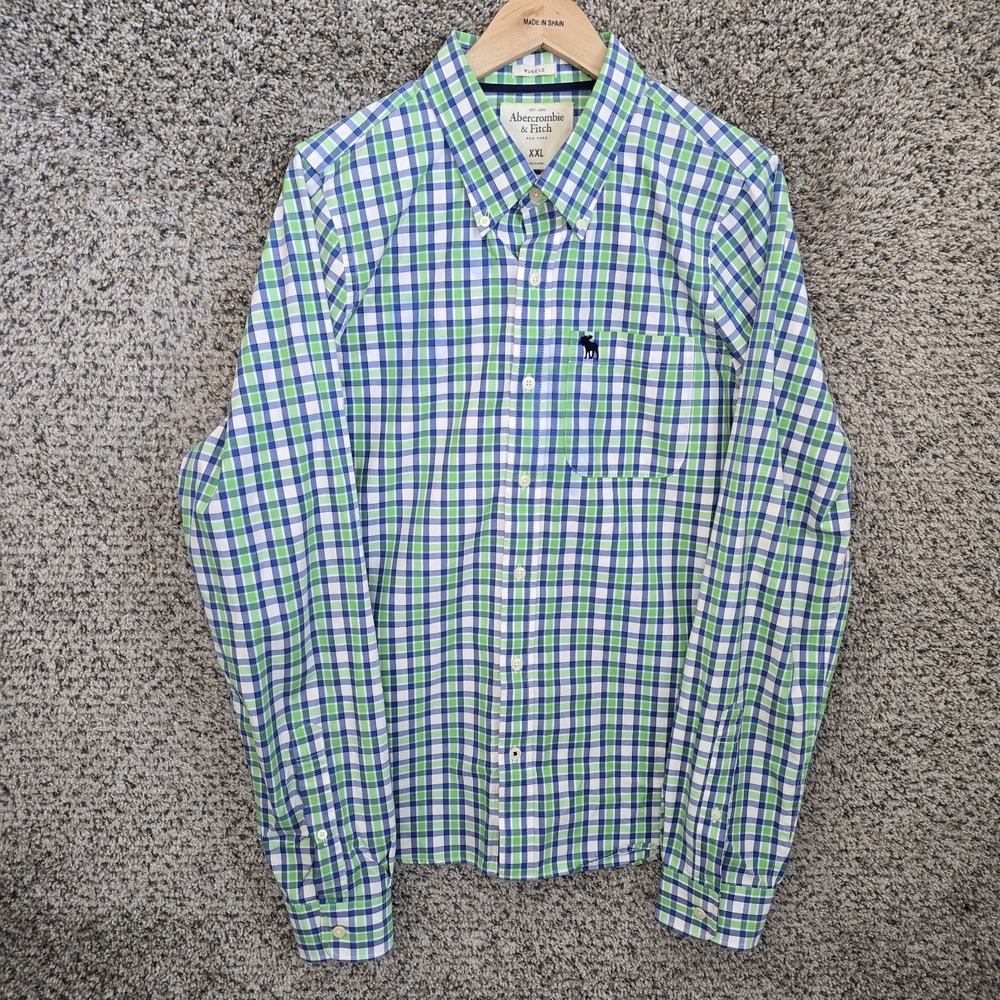 Abercrombie & Fitch Shirt Mens XXL 2XL Green Blue Button Down Muscle Fit Casual